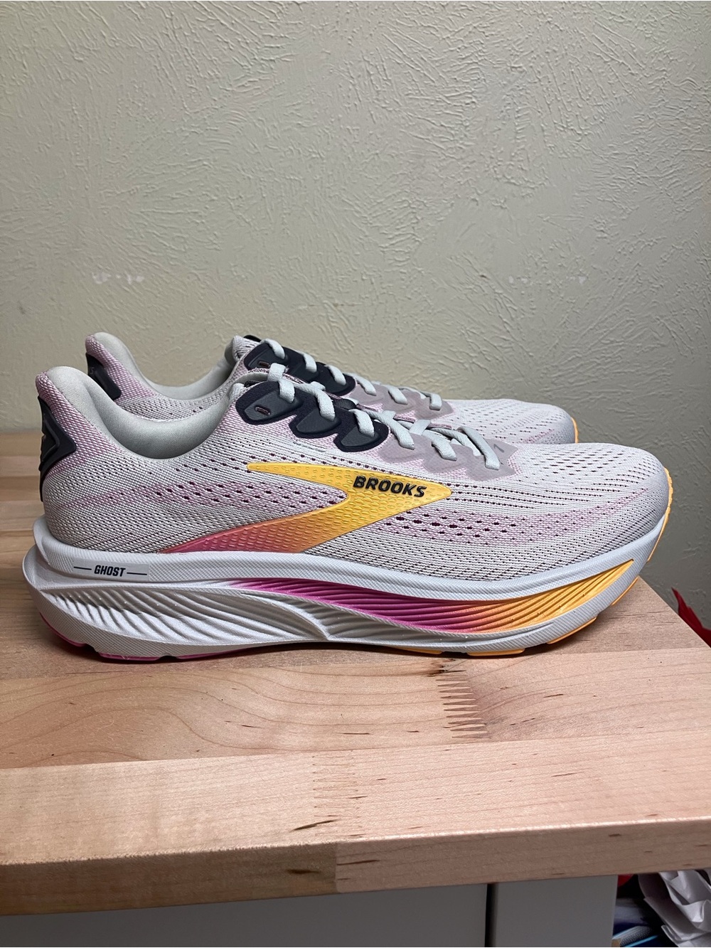 Brooks Women’s Ghost Running Shoes - Pale Pink with Yellow and Orange Accents